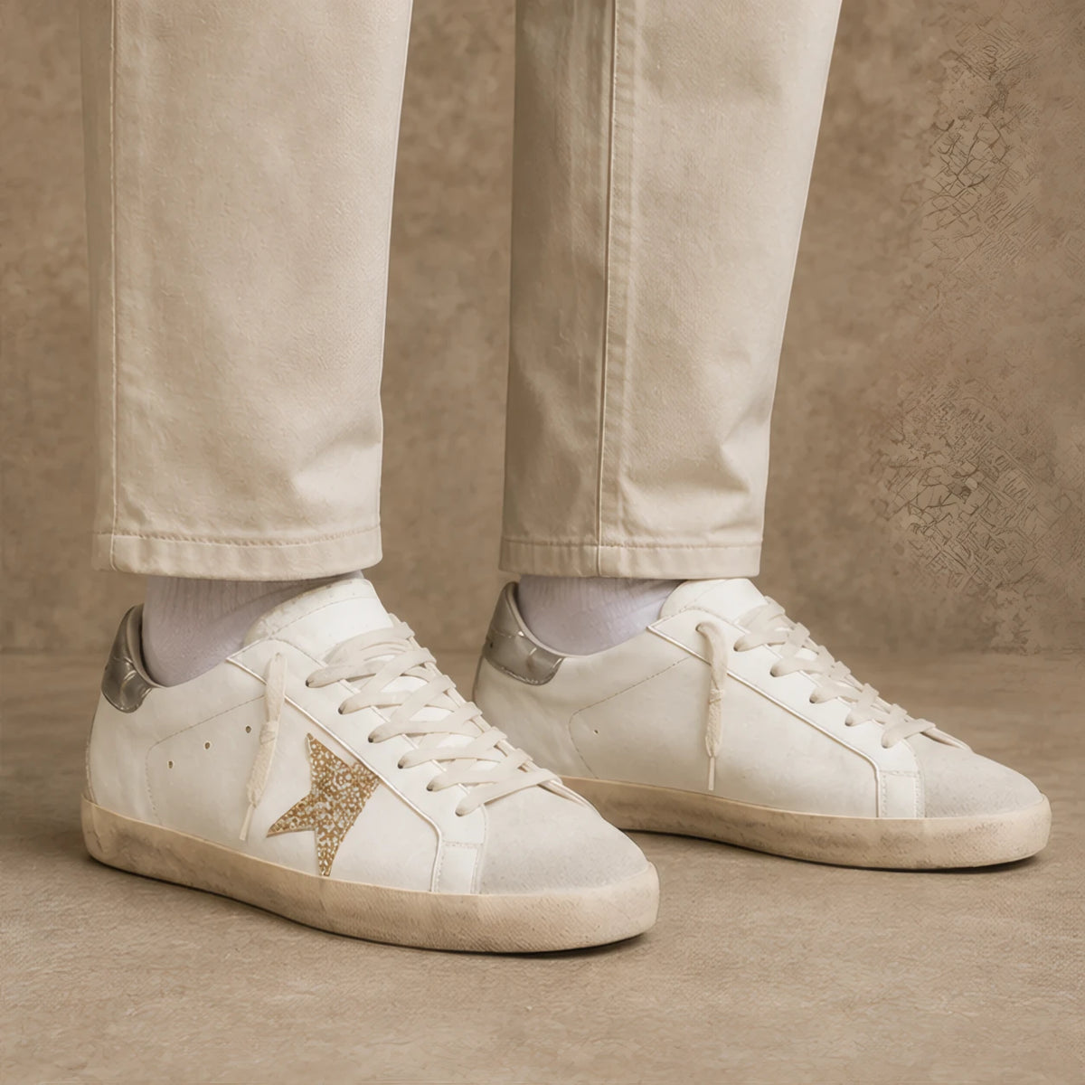 Lyle Distressed Leather Sneakers - White And Gold Glitter - Catalog Group: Footwear - Brondals - Image 2