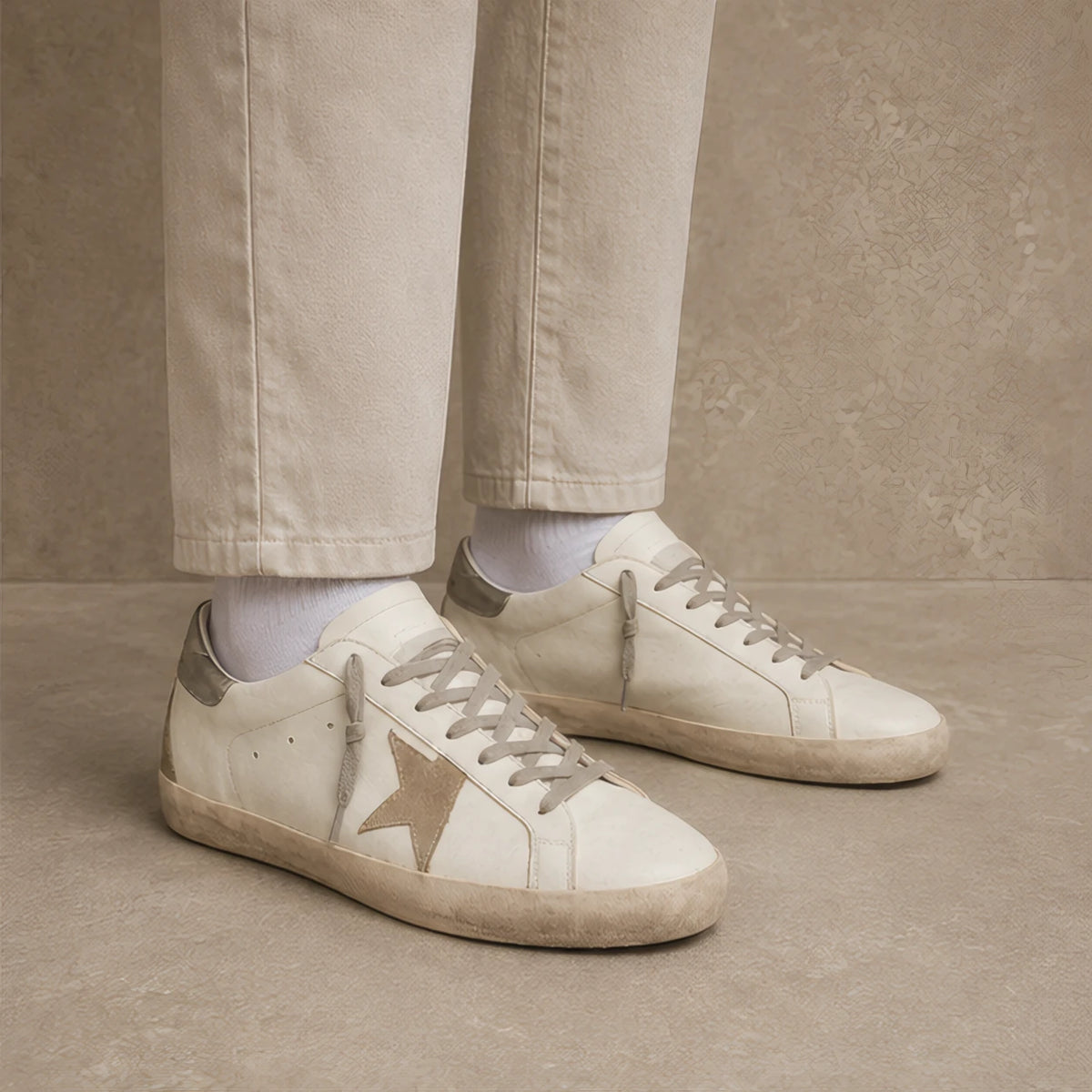 Lyle Distressed Leather Sneakers - Cream And Gold - Catalog Group: Footwear - Brondals - Image 2