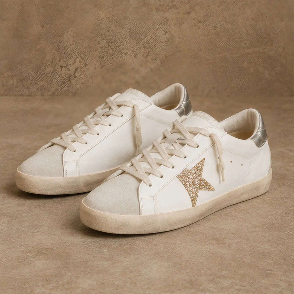 Lyle Distressed Leather Sneakers - White And Gold Glitter - Men's Footwear > Sneakers > Low-Top Sneakers - Brondals - Image 1