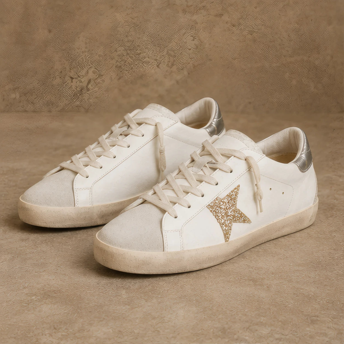 Lyle Distressed Leather Sneakers - White And Gold Glitter - Men's Footwear > Sneakers > Low-Top Sneakers - Brondals - Image 1