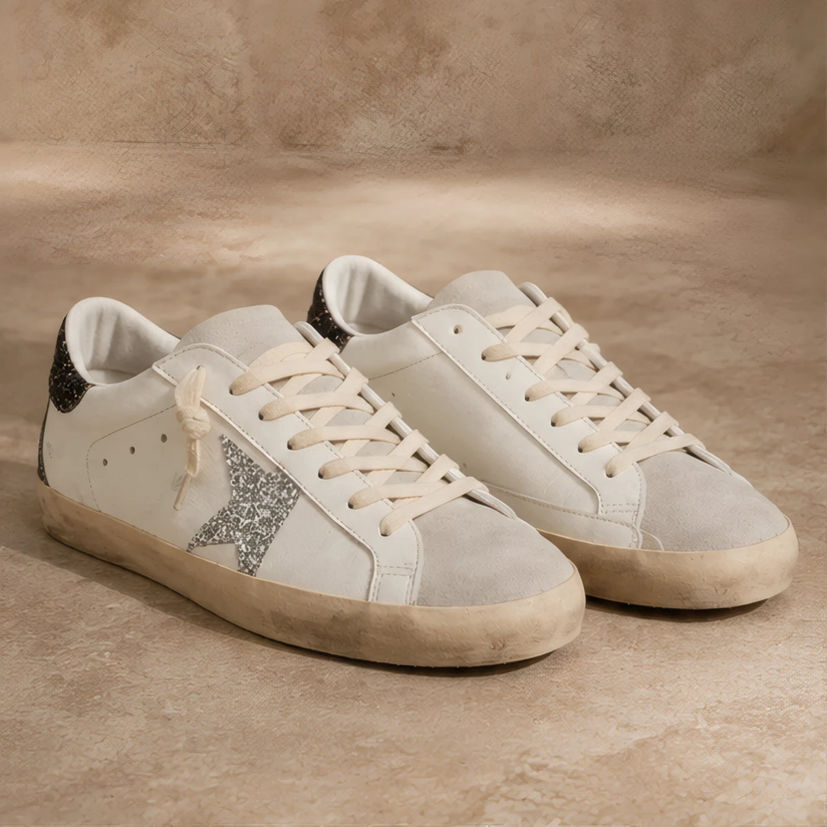 Lyle Distressed Leather Sneakers - White And Silver Glitter - Men's Footwear > Sneakers > Low-Top Sneakers - Brondals - Image 1