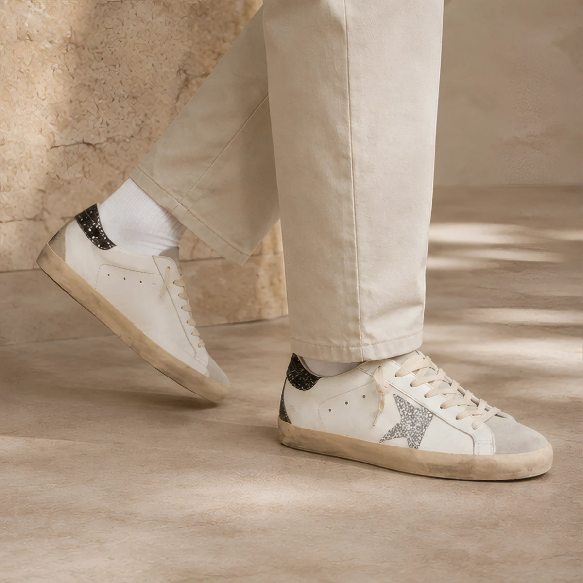 Lyle Distressed Leather Sneakers - White And Silver Glitter - Catalog Group: Footwear - Brondals - Image 2