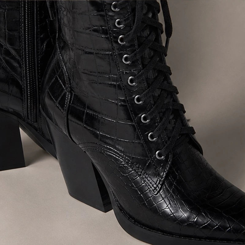 Lyra Croc-Embossed Lace-Up Boots - Black - Boots - Brondals - Image 1