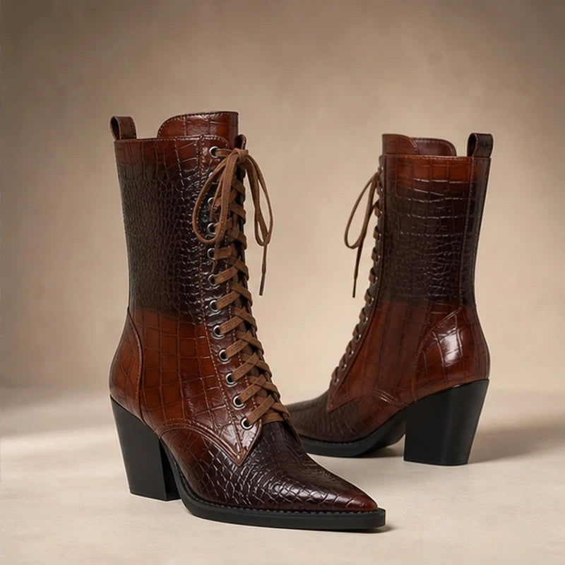 Lyra Croc-Embossed Lace-Up Boots - Brown - Boots - Brondals - Image 1