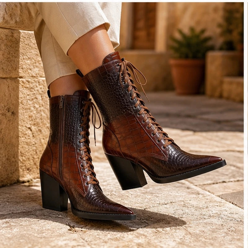 Lyra Croc-Embossed Lace-Up Boots - Brown - croc-embossed leather - Brondals - Image 3