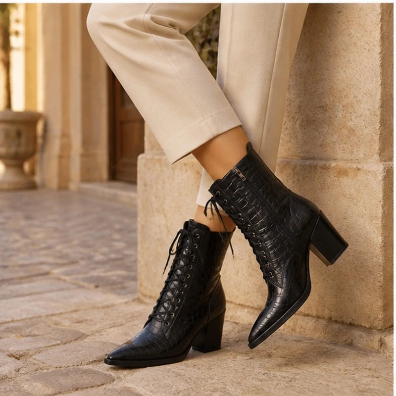 Lyra Croc-Embossed Lace-Up Boots - Black - croc-embossed leather - Brondals - Image 3
