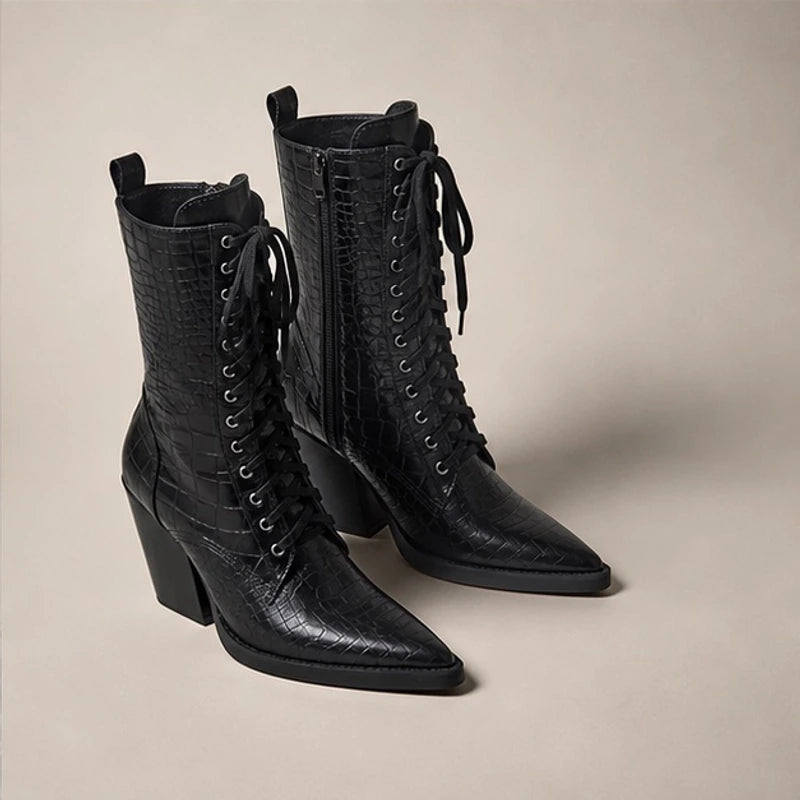 Lyra Croc-Embossed Lace-Up Boots - Black - women's boots - Brondals - Image 2