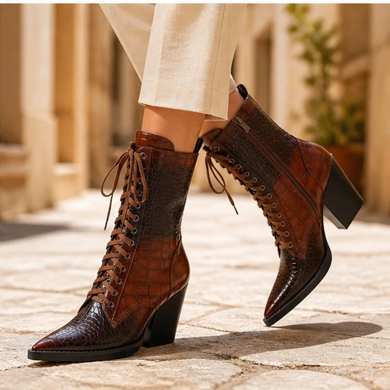 Lyra Croc-Embossed Lace-Up Boots - Brown - lace-up boots - Brondals - Image 4