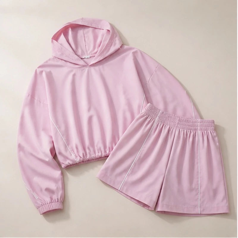 Maelle Cropped Hoodie Shorts Training Set - Pastel Pink - Outfit Set - Brondals - Image 1