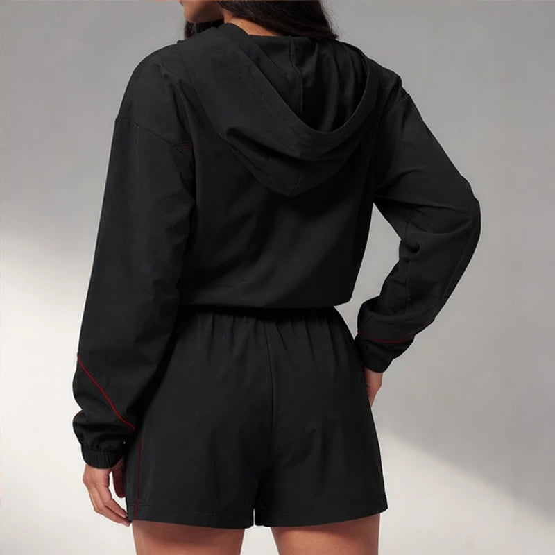 Maelle Cropped Hoodie Shorts Training Set - Black & Red - cropped hoodie - Brondals - Image 5
