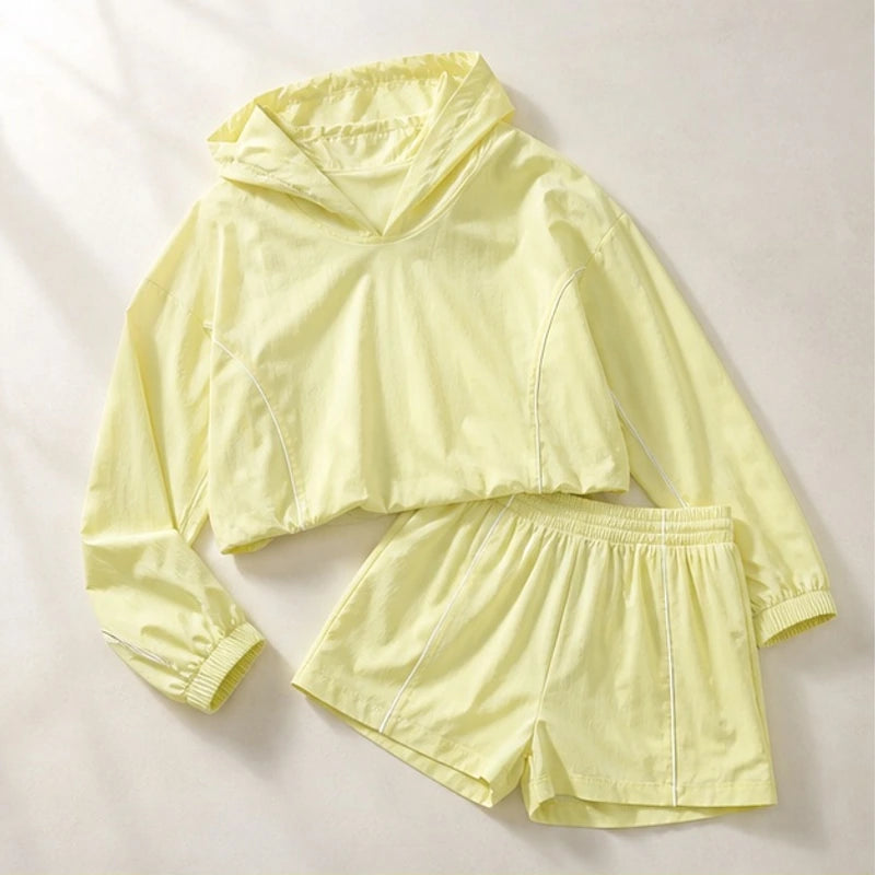 Maelle Cropped Hoodie Shorts Training Set - Neon Yellow - Outfit Set - Brondals - Image 1