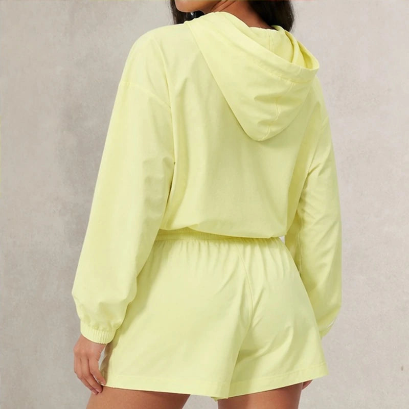 Maelle Cropped Hoodie Shorts Training Set - Neon Yellow - two-piece set - Brondals - Image 4