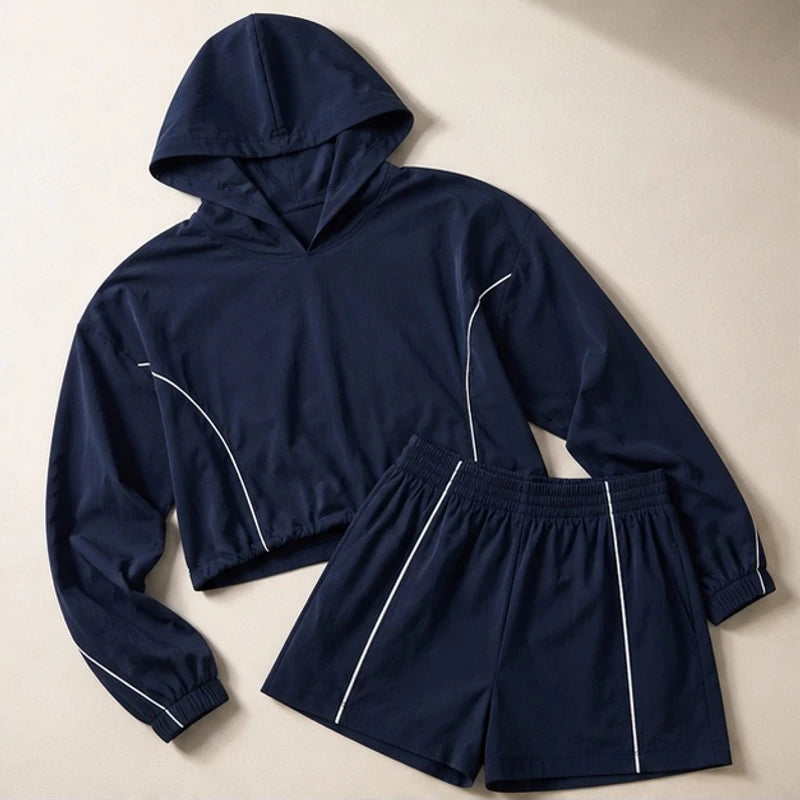 Maelle Cropped Hoodie Shorts Training Set - Navy Blue - Outfit Set - Brondals - Image 1