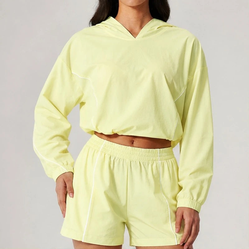 Maelle Cropped Hoodie Shorts Training Set - Neon Yellow - women's activewear - Brondals - Image 2