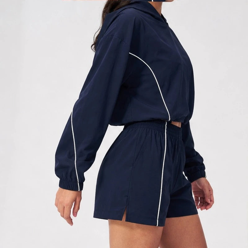 Maelle Cropped Hoodie Shorts Training Set - Navy Blue - training set - Brondals - Image 3