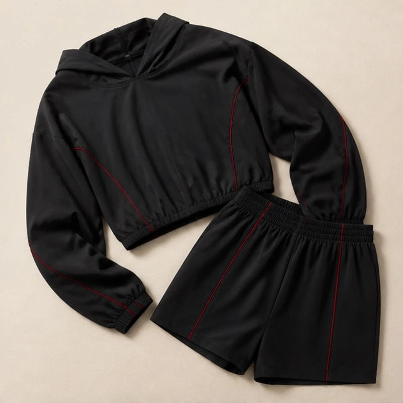 Maelle Cropped Hoodie Shorts Training Set - Black & Red - Outfit Set - Brondals - Image 1