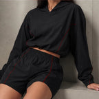 Maelle Cropped Hoodie Shorts Training Set - Black & Red - two-piece set - Brondals - Image 4