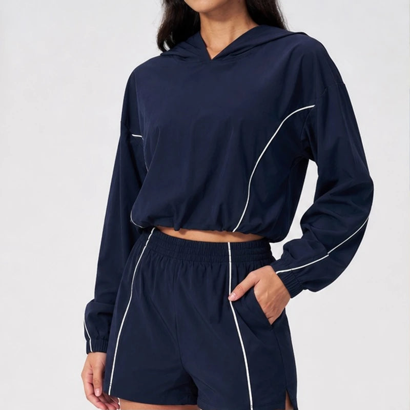 Maelle Cropped Hoodie Shorts Training Set - Navy Blue - women's activewear - Brondals - Image 2