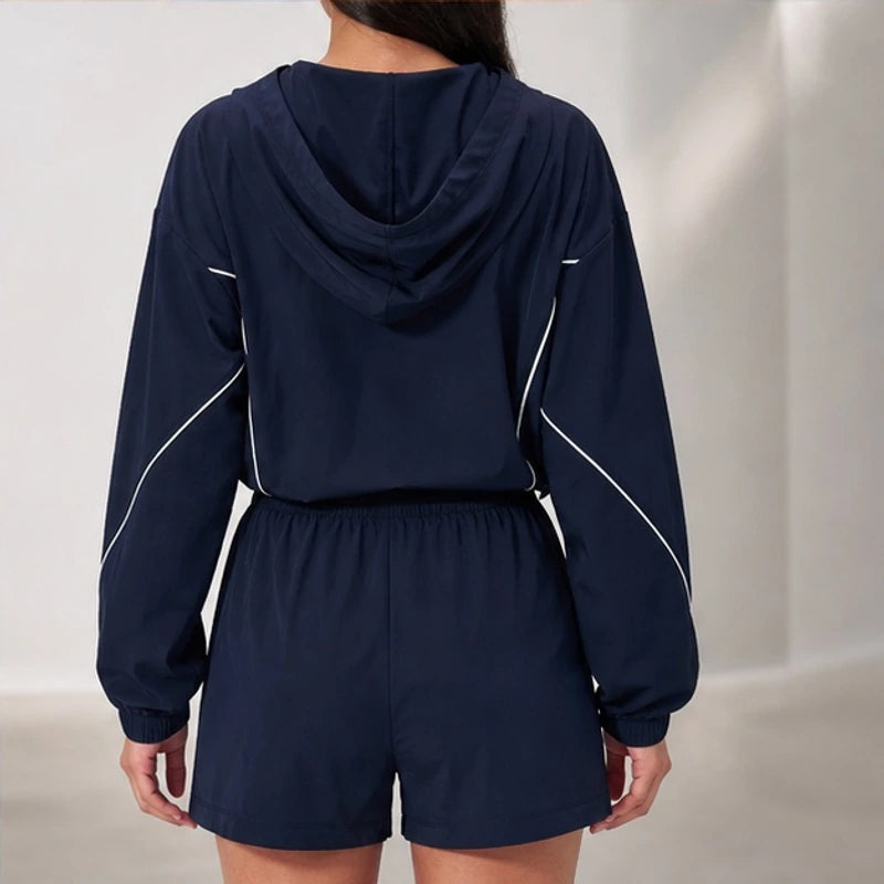 Maelle Cropped Hoodie Shorts Training Set - Navy Blue - two-piece set - Brondals - Image 4