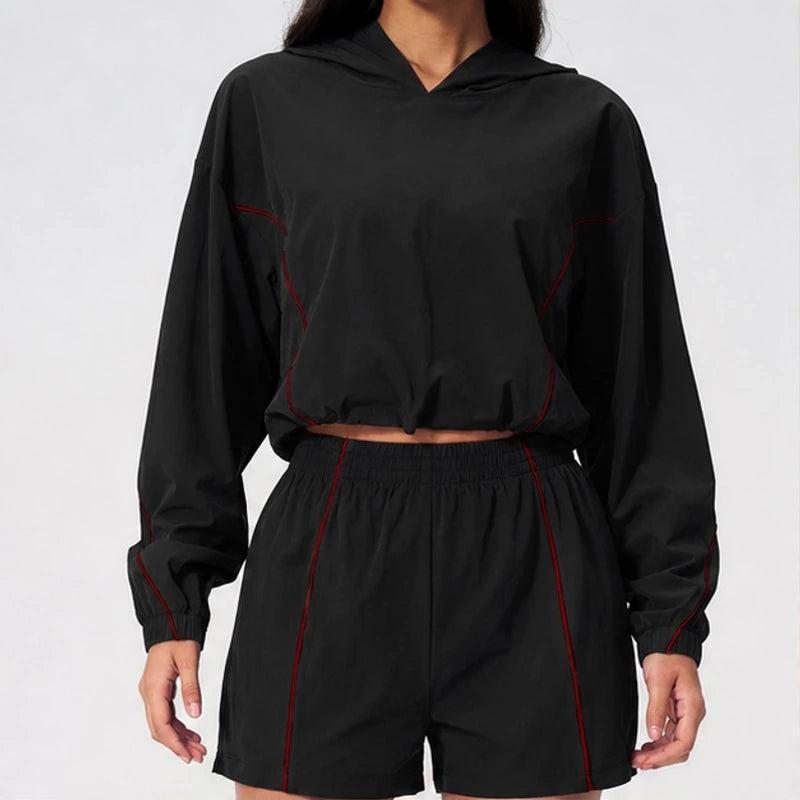 Maelle Cropped Hoodie Shorts Training Set - Black & Red - training set - Brondals - Image 3