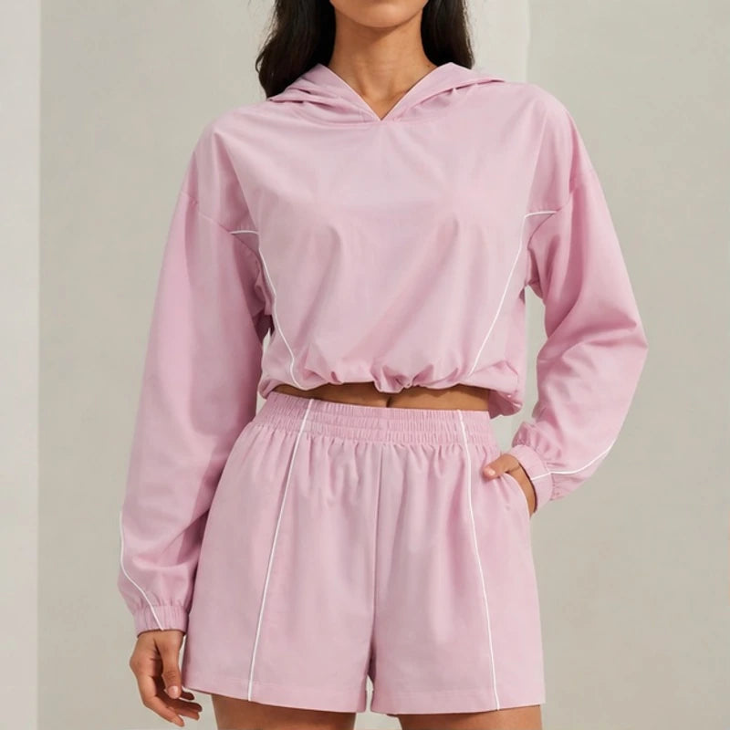 Maelle Cropped Hoodie Shorts Training Set - Pastel Pink - women's activewear - Brondals - Image 2