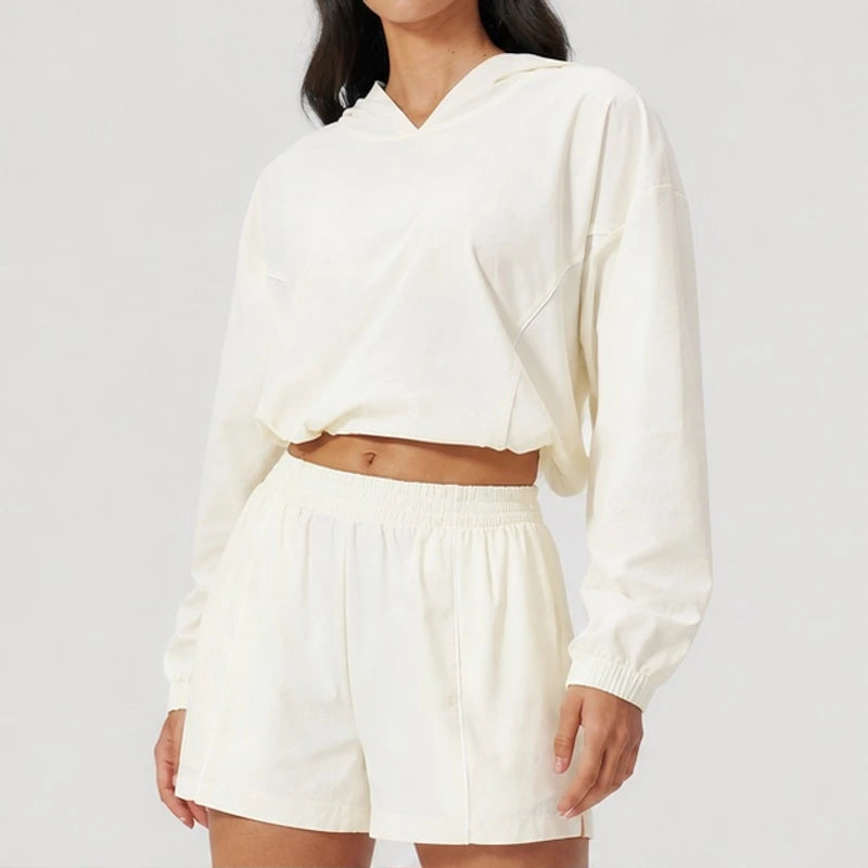 Maelle Cropped Hoodie Shorts Training Set - Light Cream - women's activewear - Brondals - Image 2