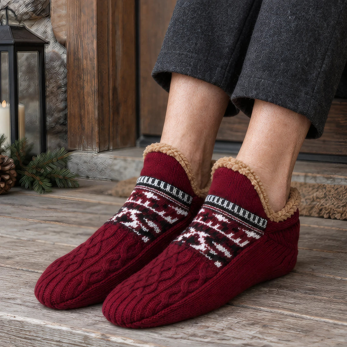 Malibu Non-Slip Fleece-Lined Slipper Socks - Wine Red - Apparel & Accessories > Socks > Slipper Socks - Brondals - Image 1