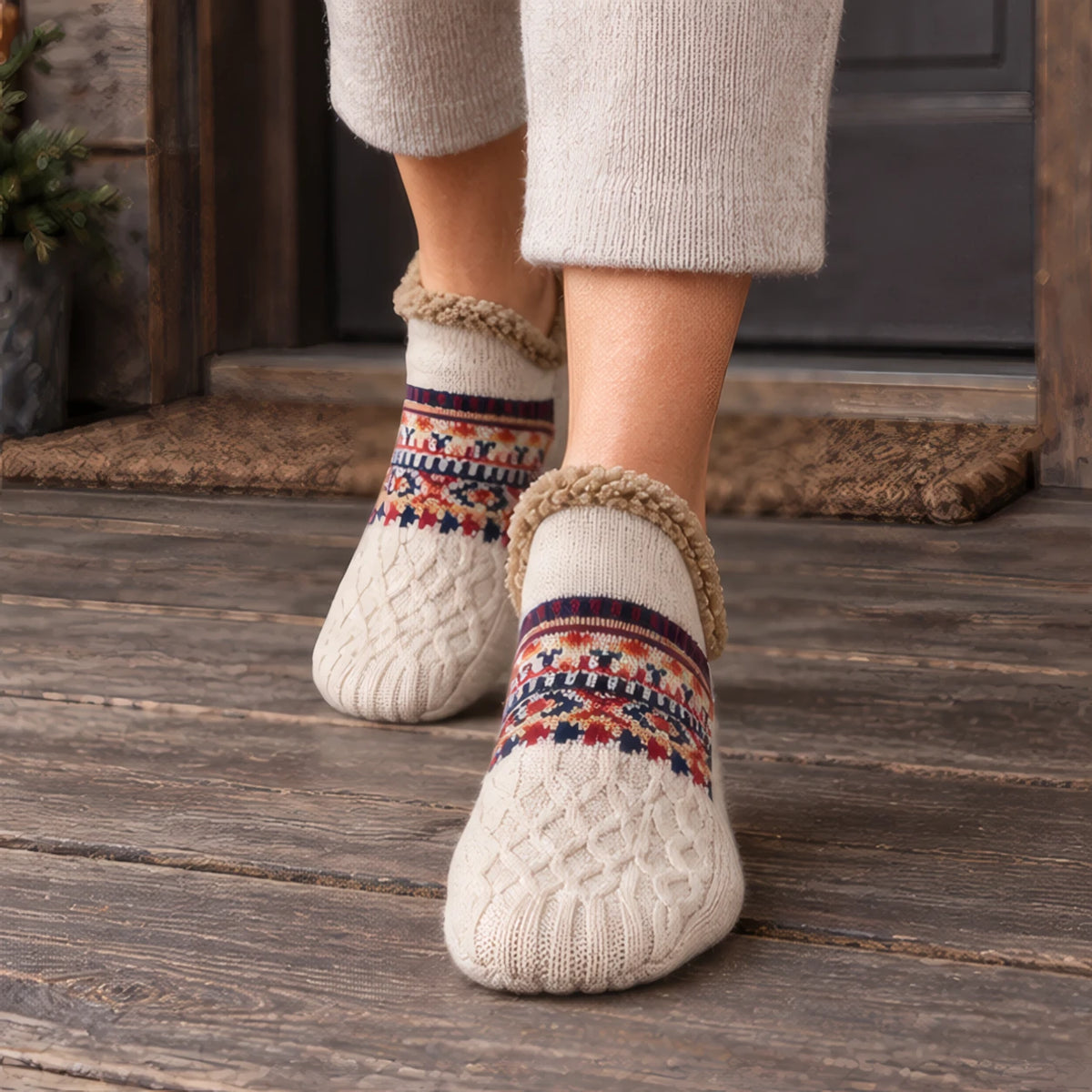 Malibu Non-Slip Fleece-Lined Slipper Socks - Beige - color_gallery - Brondals - Image 2