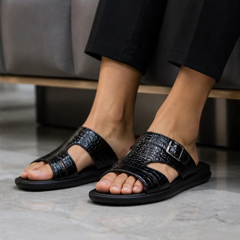 Maxwell Croc-Embossed Slide Sandals - Black - slide sandals - Brondals - Image 3