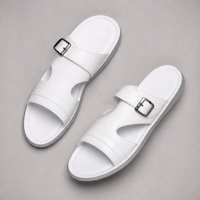 Maxwell Croc-Embossed Slide Sandals - White - Sandals - Brondals - Image 1
