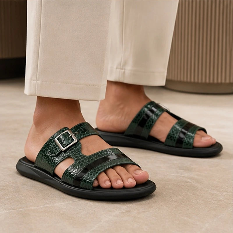 Maxwell Croc-Embossed Slide Sandals - Dark Green - engineered leather - Brondals - Image 5
