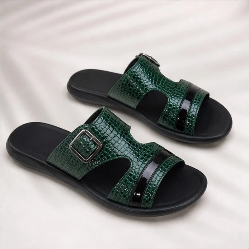 Maxwell Croc-Embossed Slide Sandals - Dark Green - slide sandals - Brondals - Image 3