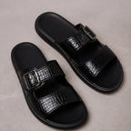 Maxwell Croc-Embossed Slide Sandals - Black - Sandals - Brondals - Image 1