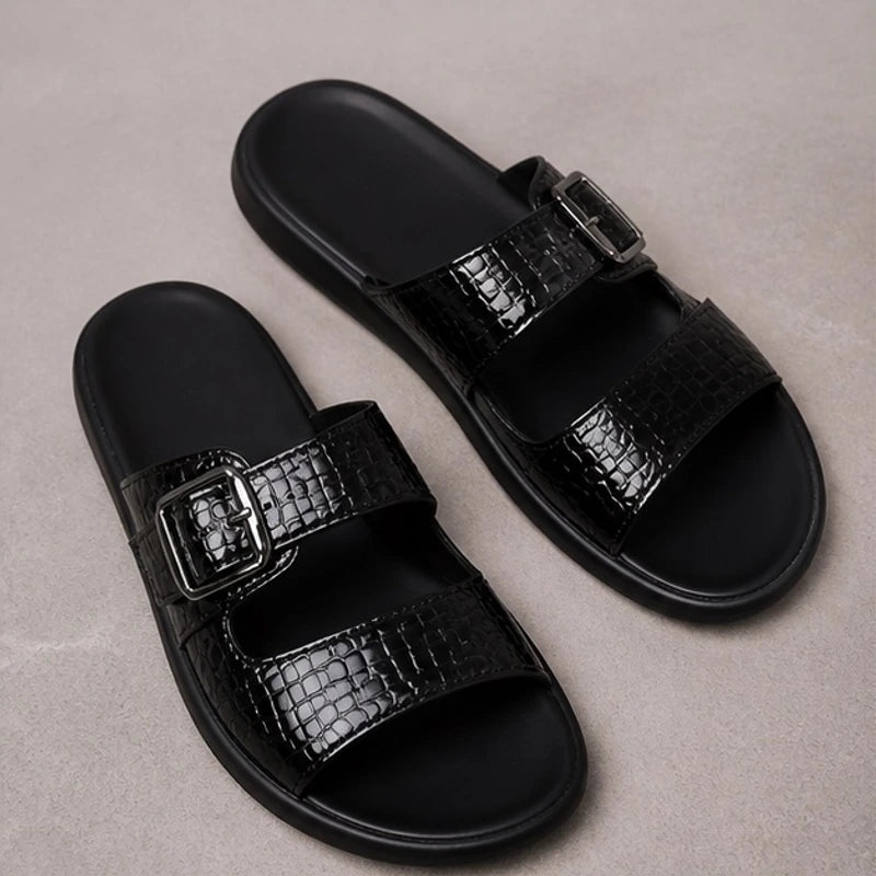 Maxwell Croc-Embossed Slide Sandals - Black - Sandals - Brondals - Image 1
