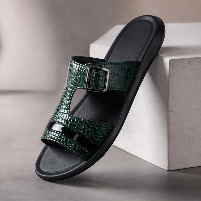 Maxwell Croc-Embossed Slide Sandals - Dark Green - Sandals - Brondals - Image 1
