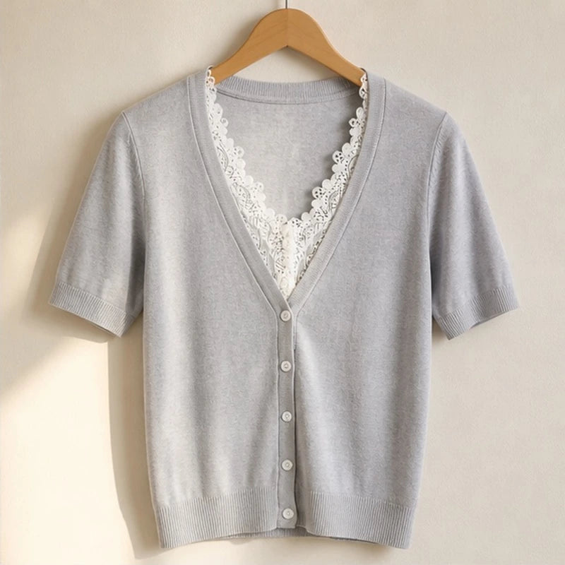 Melisande Scalloped Floral Lace Wool Sweater - Light Gray - Women's Clothing > Sweaters & Cardigans > Lace-Inset Short Sleeve Sweaters - Brondals - Image 1