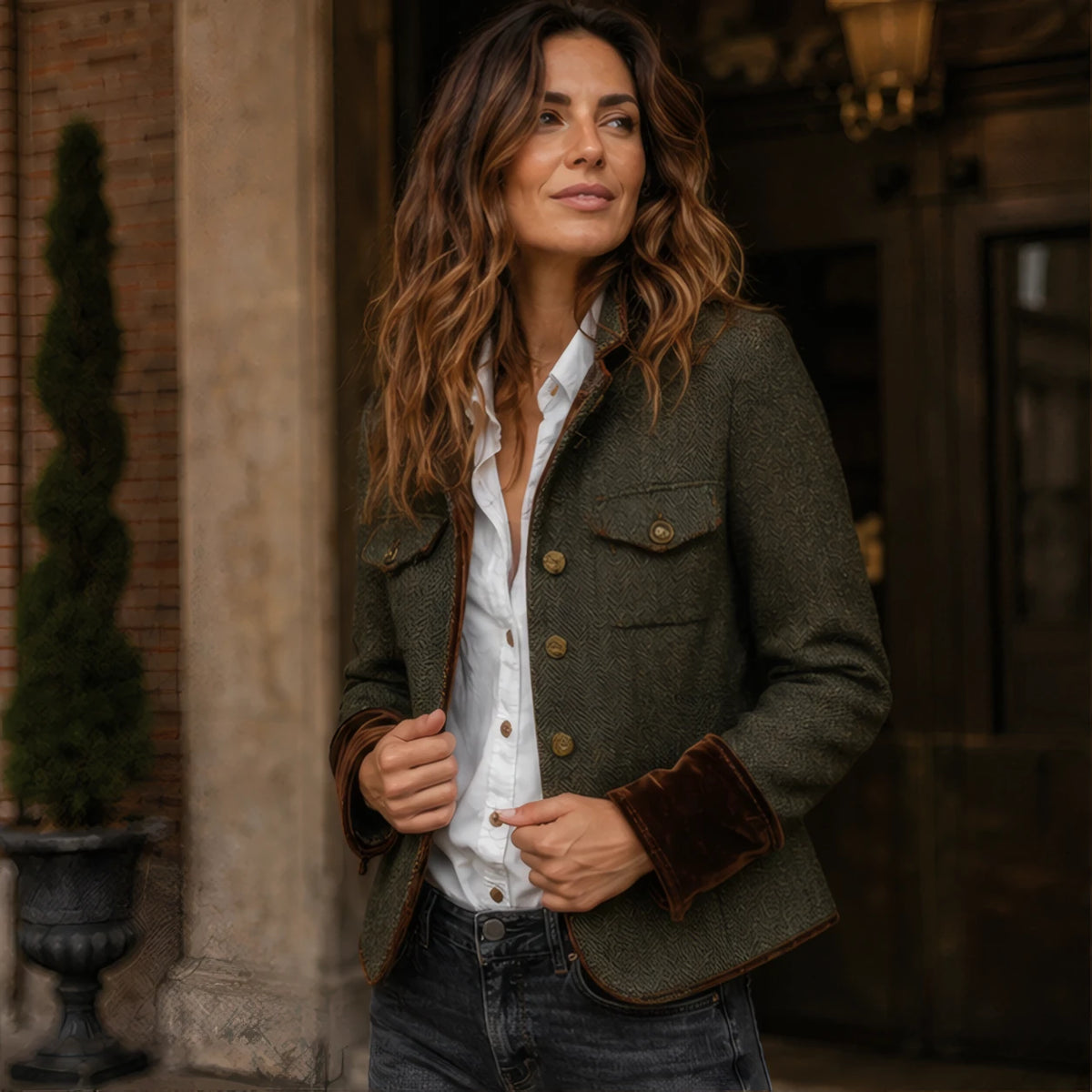 Mireille Structured Herringbone Jacket - Olive - Women's Clothing > Jackets & Coats > Herringbone Jackets - Brondals - Image 1