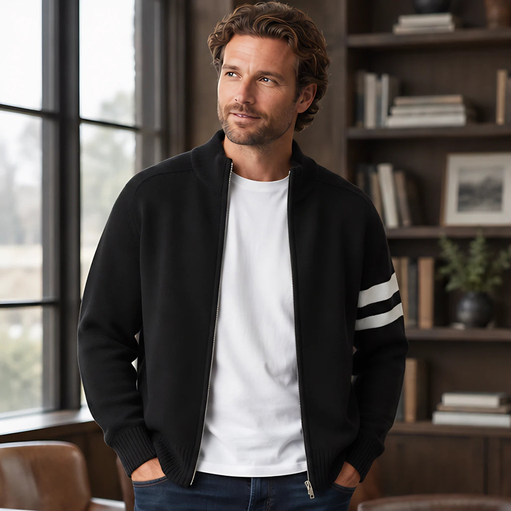 Montgomery Men's Striped Full-Zip Knit Sweater - Charcoal - Clothing > Sweaters & Cardigans > Full-Zip Sweaters - Brondals - Image 1