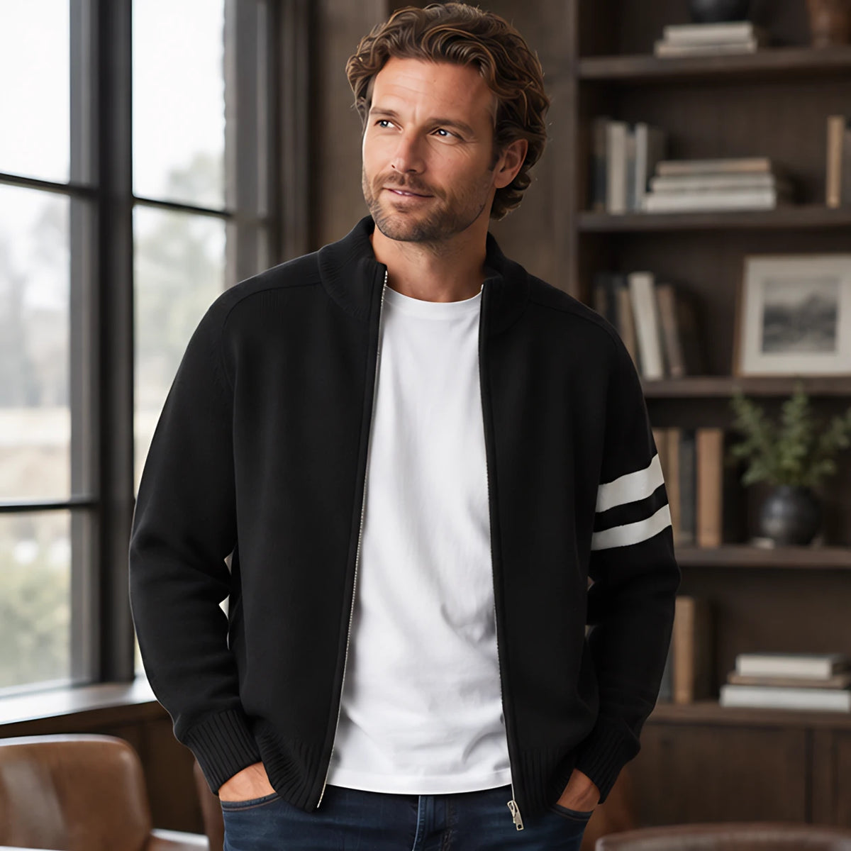 Montgomery Men's Striped Full-Zip Knit Sweater - Charcoal - Clothing > Sweaters & Cardigans > Full-Zip Sweaters - Brondals - Image 1