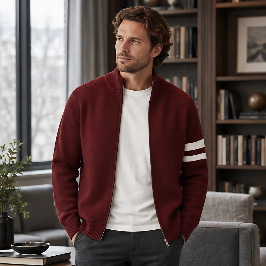 Montgomery Men's Striped Full-Zip Knit Sweater - Maroon - Clothing > Sweaters & Cardigans > Full-Zip Sweaters - Brondals - Image 1