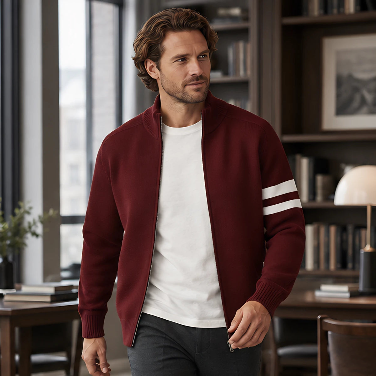 Montgomery Men's Striped Full-Zip Knit Sweater - Maroon - Clothing > Sweaters & Cardigans > Full-Zip Sweaters - Brondals - Image 2