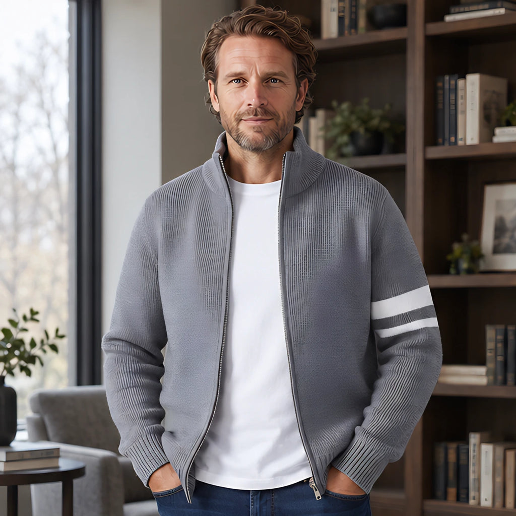 Montgomery Men's Striped Full-Zip Knit Sweater - Slate Gray - Clothing > Sweaters & Cardigans > Full-Zip Sweaters - Brondals - Image 1