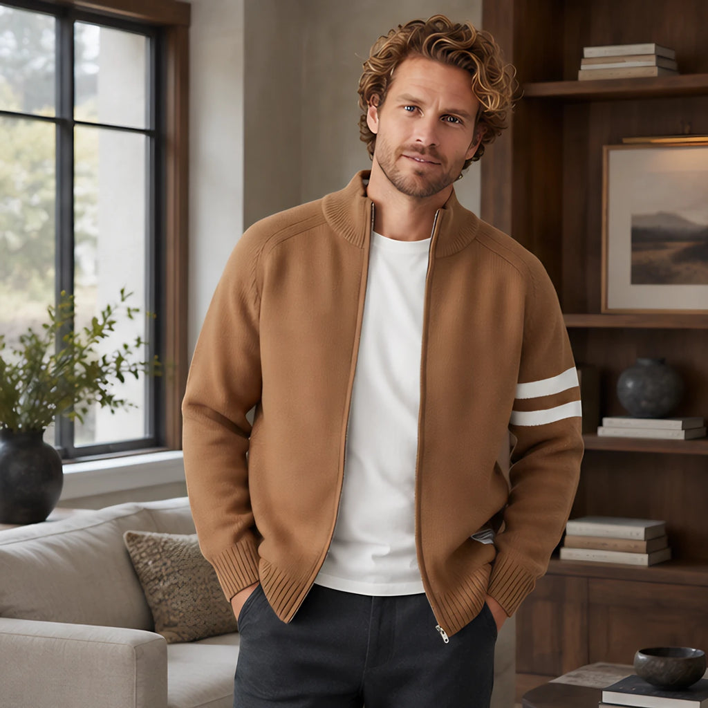 Montgomery Men's Striped Full-Zip Knit Sweater - Sienna Brown - Clothing > Sweaters & Cardigans > Full-Zip Sweaters - Brondals - Image 1