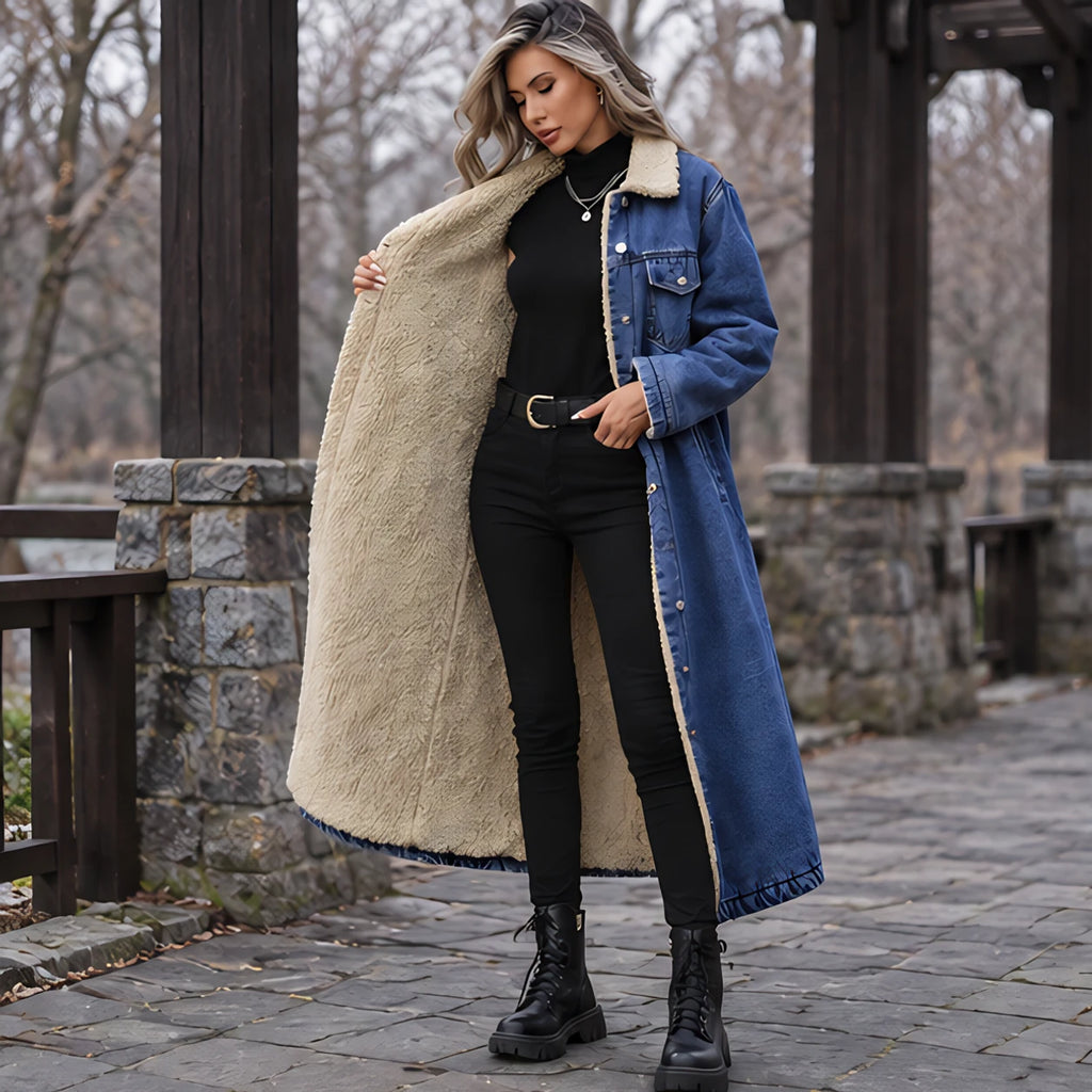 Nathalie Women's Fleece Lined Denim Coat - Deep Blue - Women's Clothing > Outerwear > Denim Coats - Brondals - Image 1
