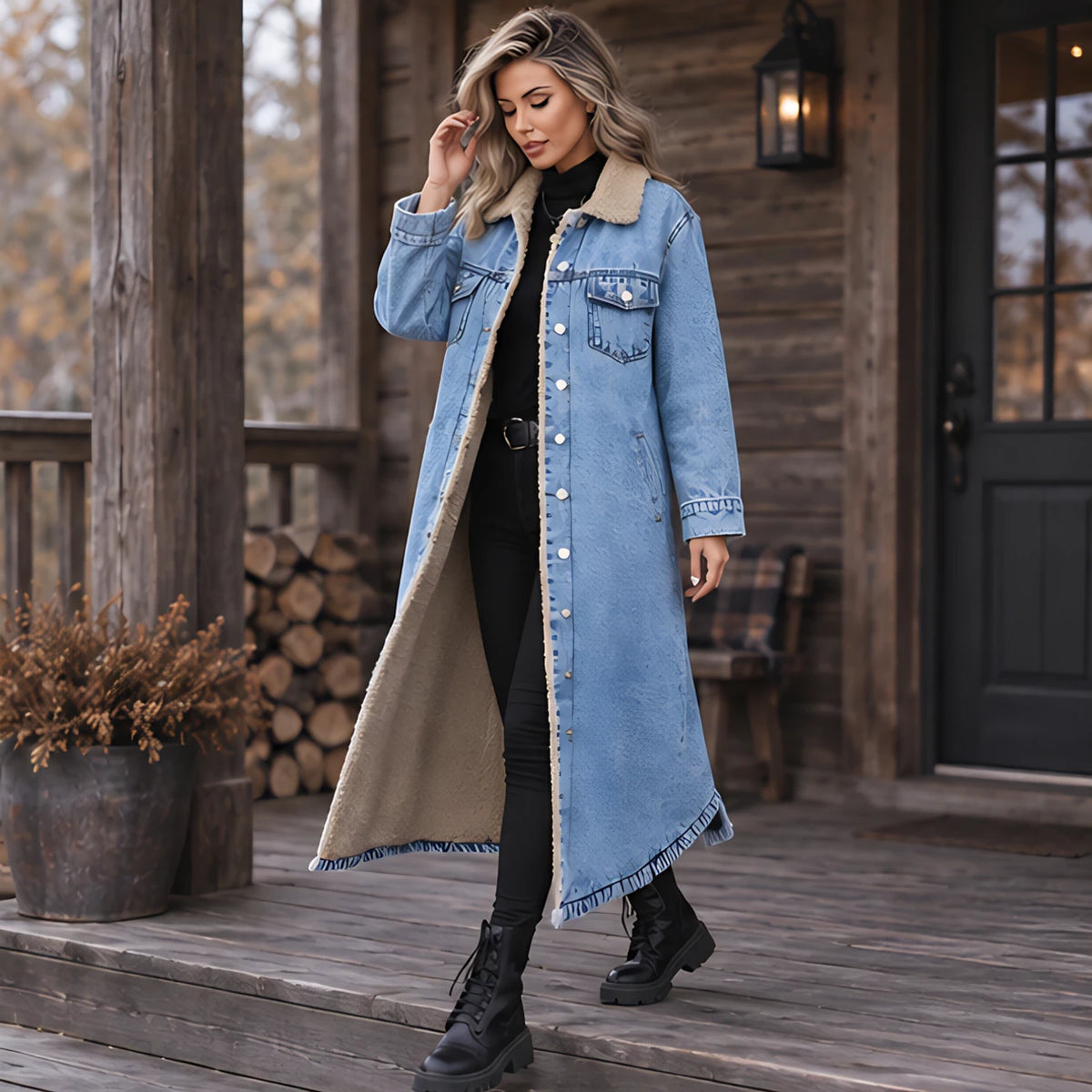 Nathalie Women's Fleece Lined Denim Coat - Blue - 23 sept - Brondals - Image 2