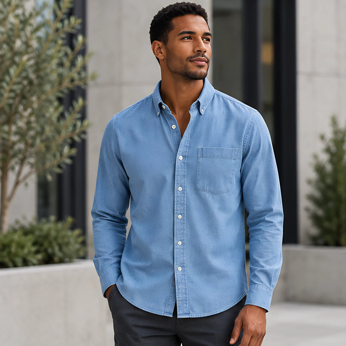 Northcote Men's Long Sleeve Cotton Chambray Shirt - Light Blue - Men's Clothing > Shirts > Chambray Shirts - Brondals - Image 1
