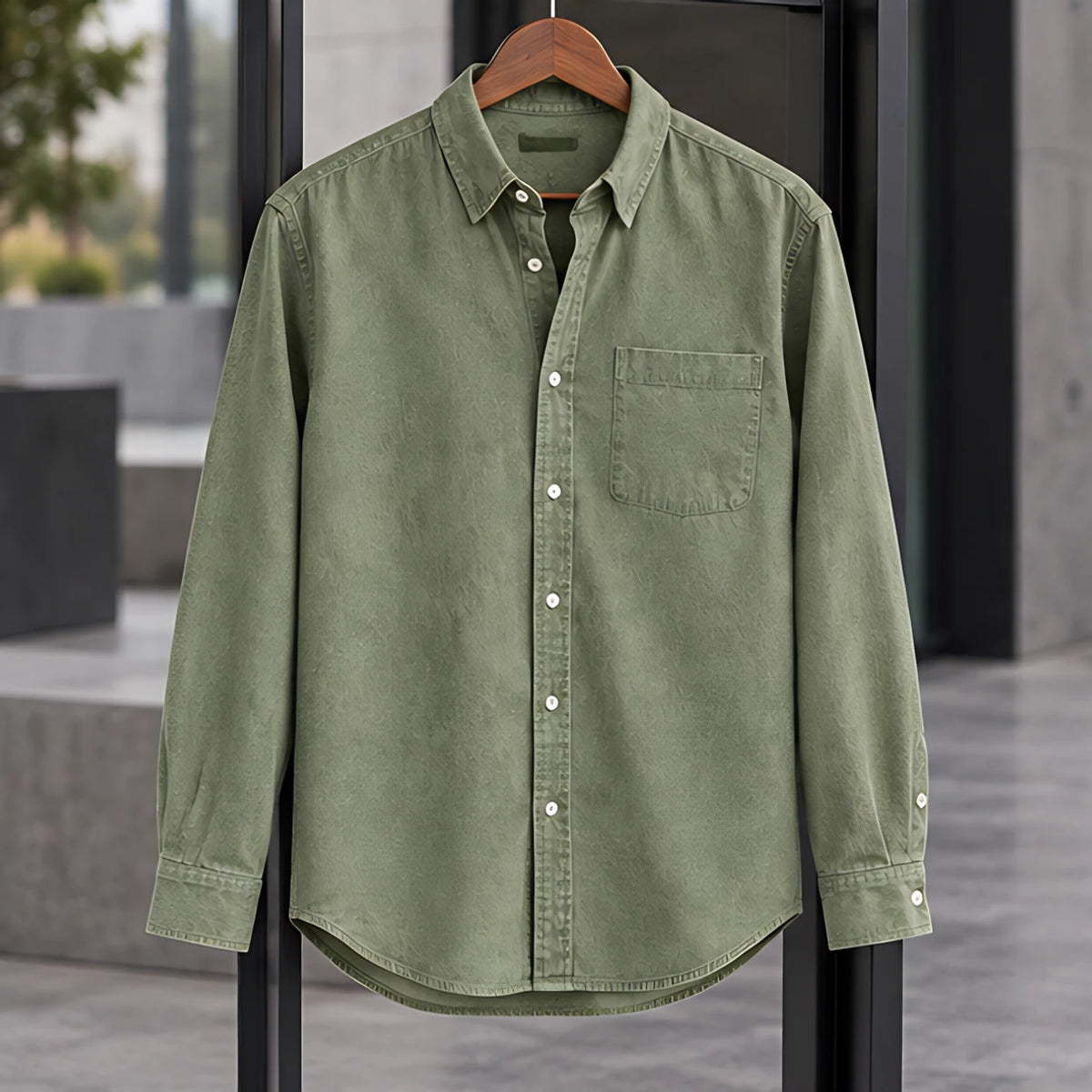 Northcote Men's Long Sleeve Cotton Chambray Shirt - Green - Catalog Group: Clothing - Brondals - Image 2