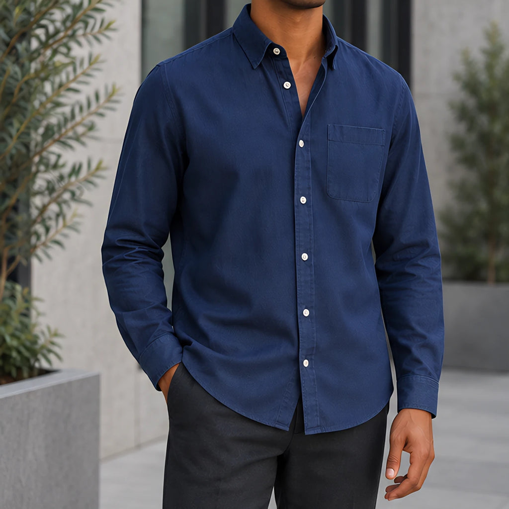 Northcote Men's Long Sleeve Cotton Chambray Shirt - Navy Blue - Men's Clothing > Shirts > Chambray Shirts - Brondals - Image 1