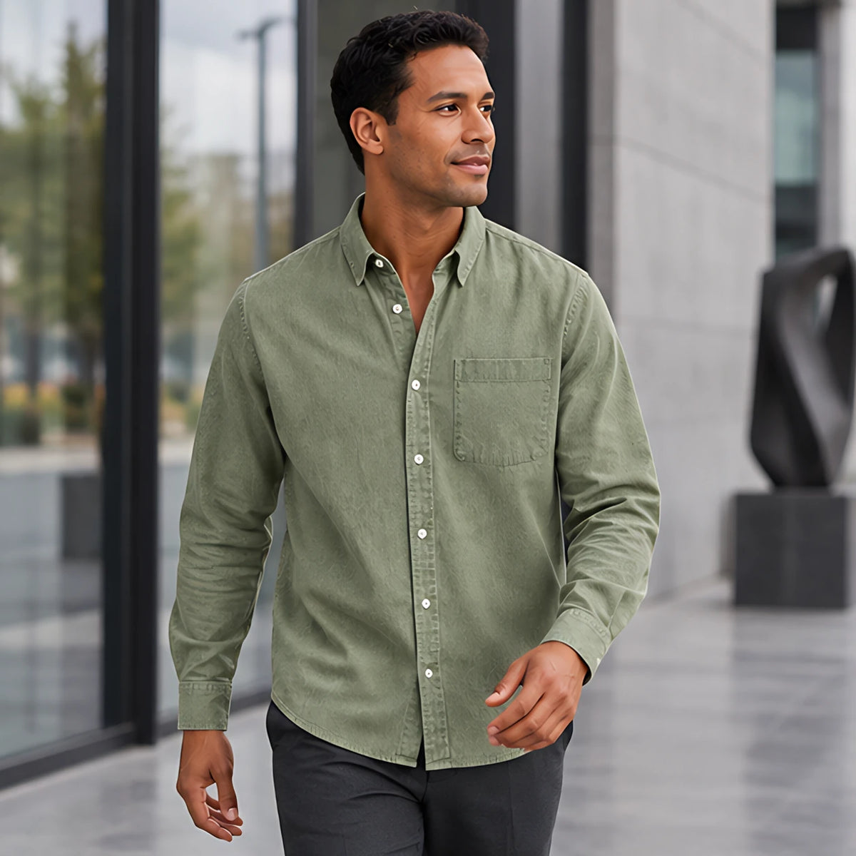Northcote Men's Long Sleeve Cotton Chambray Shirt - Green - Men's Clothing > Shirts > Chambray Shirts - Brondals - Image 1