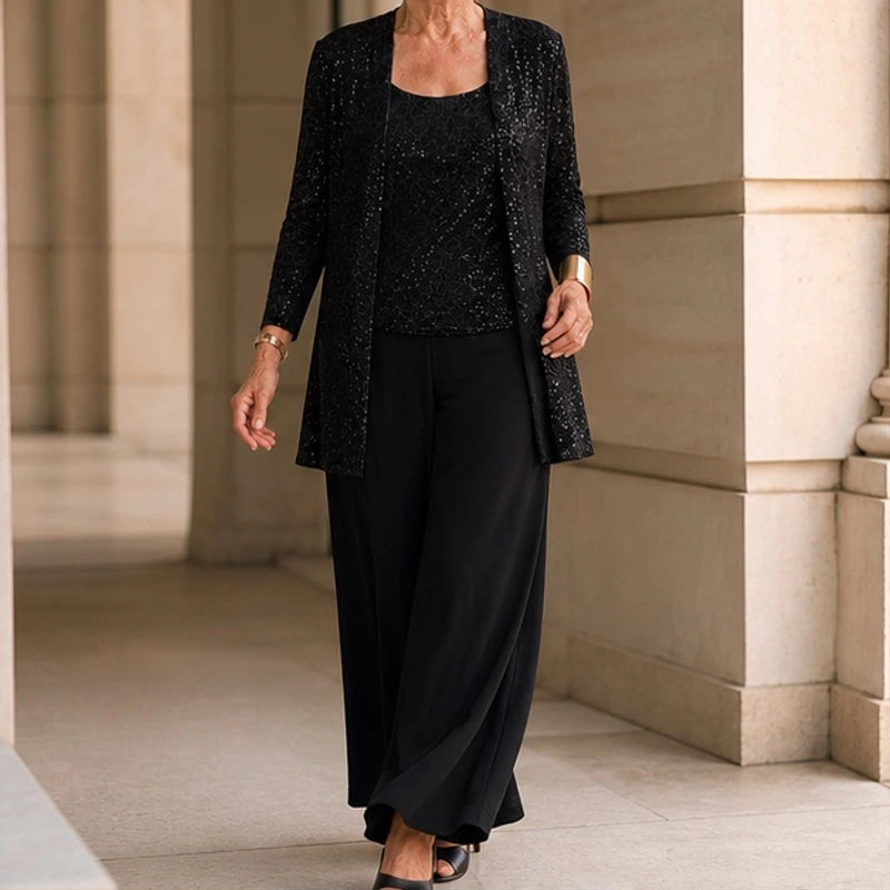 Octavia Sequined Wide-Leg Pant Set - Black - Women's Clothing > Matching Sets > Three-Piece Pant Sets - Brondals - Image 1